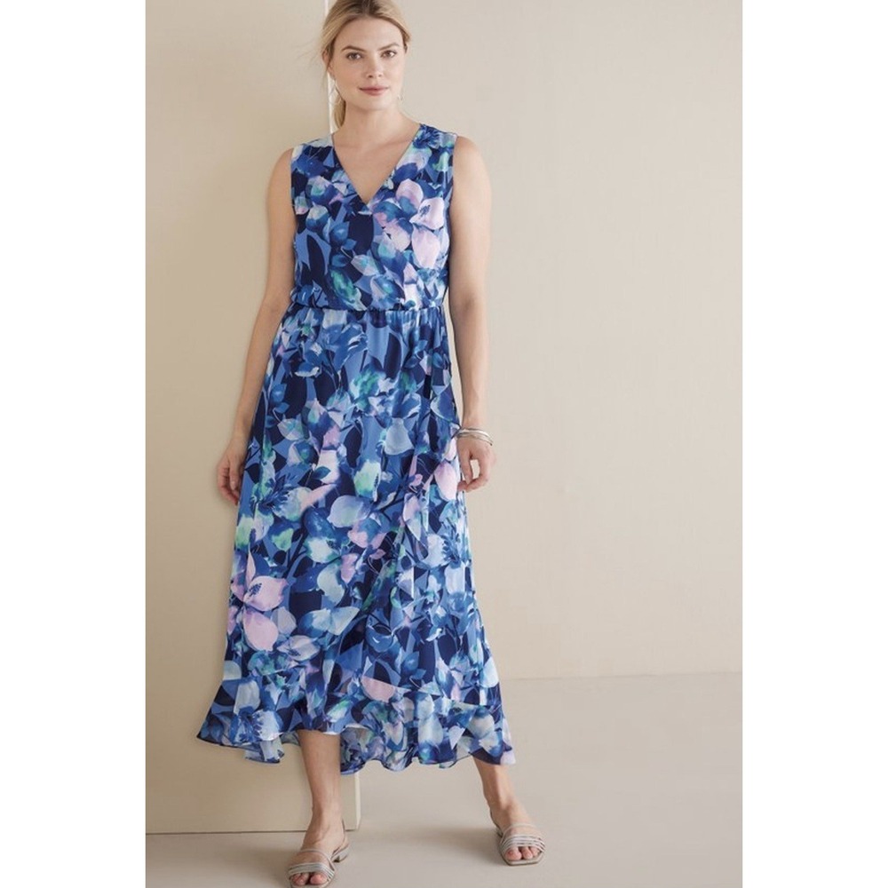 Soft Surroundings Ashlyn Maxi Dress Size Large Blue Floral Sleeveless Ruffle Hem